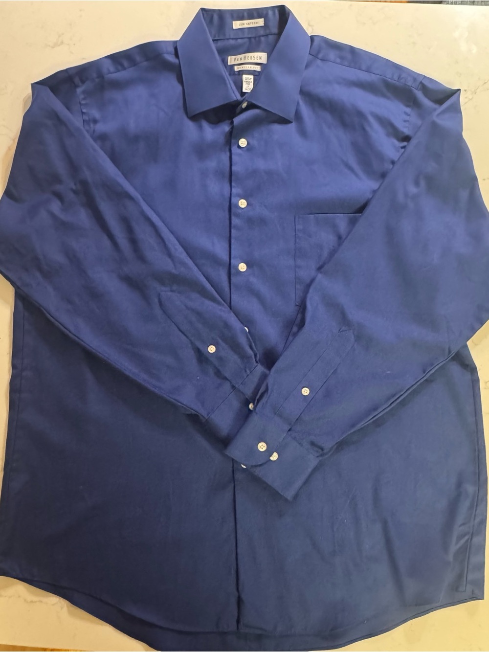 Van Heusen Men’s Dress Shirt 17 34/35 Blue Lux Sateen Wrinkle Free Button Down